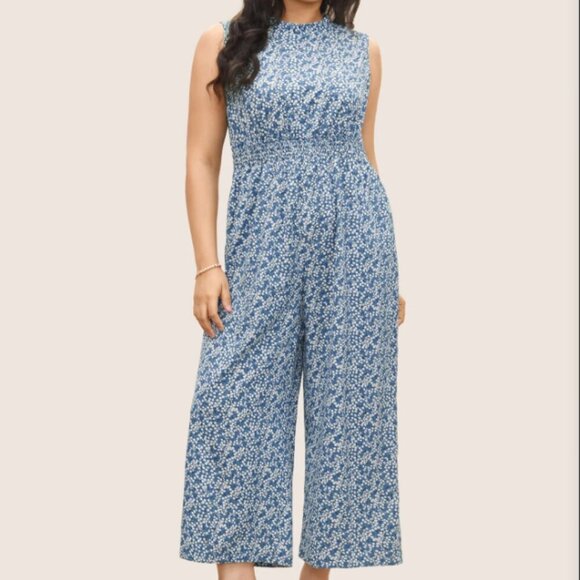 LAST CHANCE - Floral Ditsy Floral Mock Neck Jumpsuit with Pockets - Picture 1 of 8